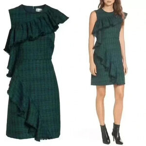 Chelsea28 green black plaid ruffled sheath dress size 4P